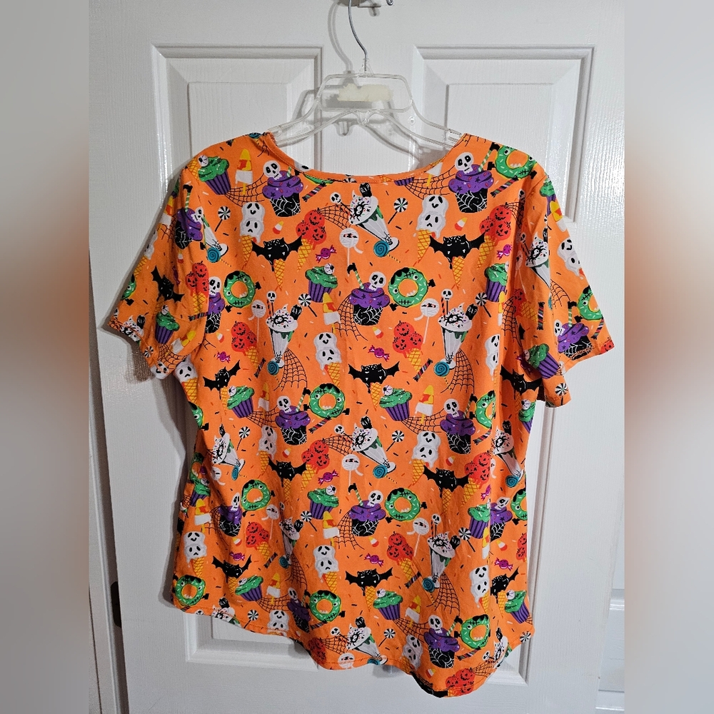 Scrubstar Women’s L Halloween Scrub Top Orange Ghost Bat Pumpkin Print 2 Pockets - Picture 3 of 6
